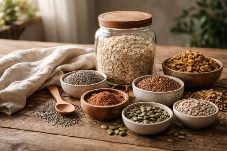 Veja como montar uma despensa natural com aveia, sementes, granola, cacau e outros itens práticos para refeições mais equilibradas.